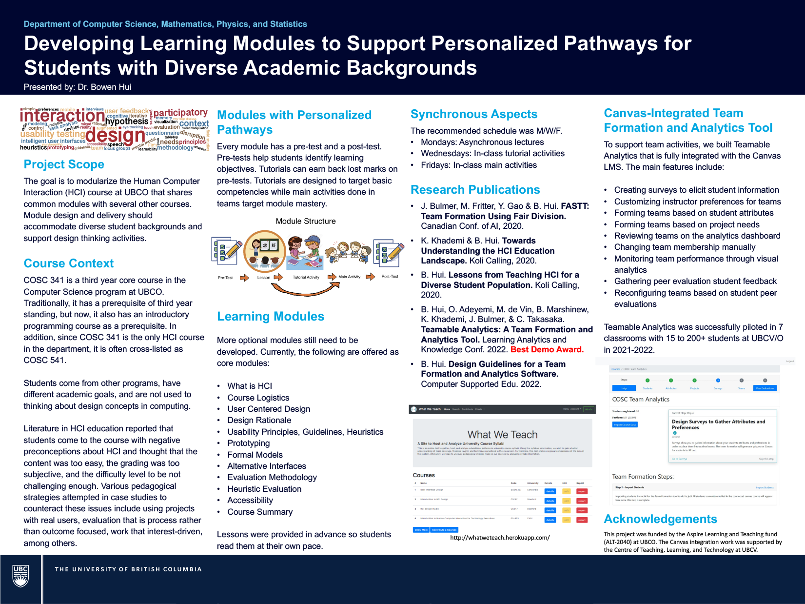 Academic poster describing the project scope, course context, project details and publications